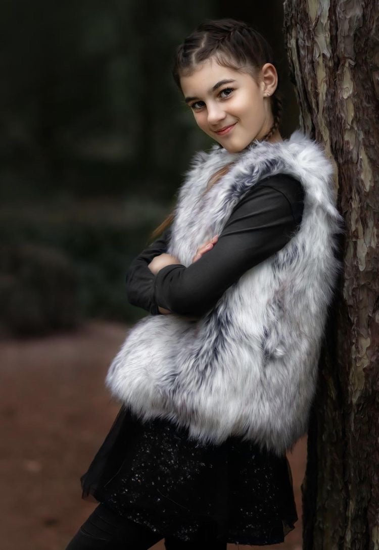 Faux Fur Vest Hip Length in Brown Wolf Style: FVA503 -  Canada